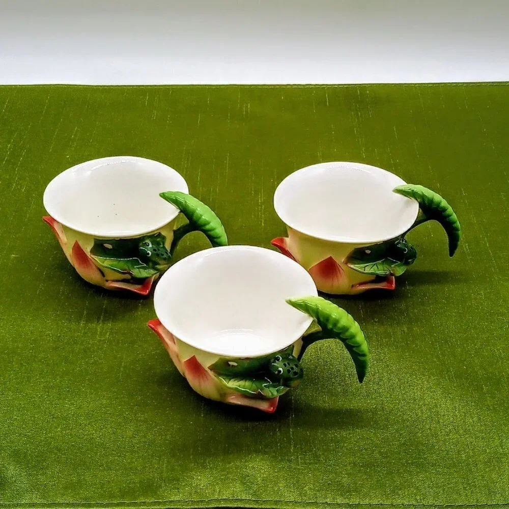 White Porcelain Cups Applied Green Frog & Flower (3)